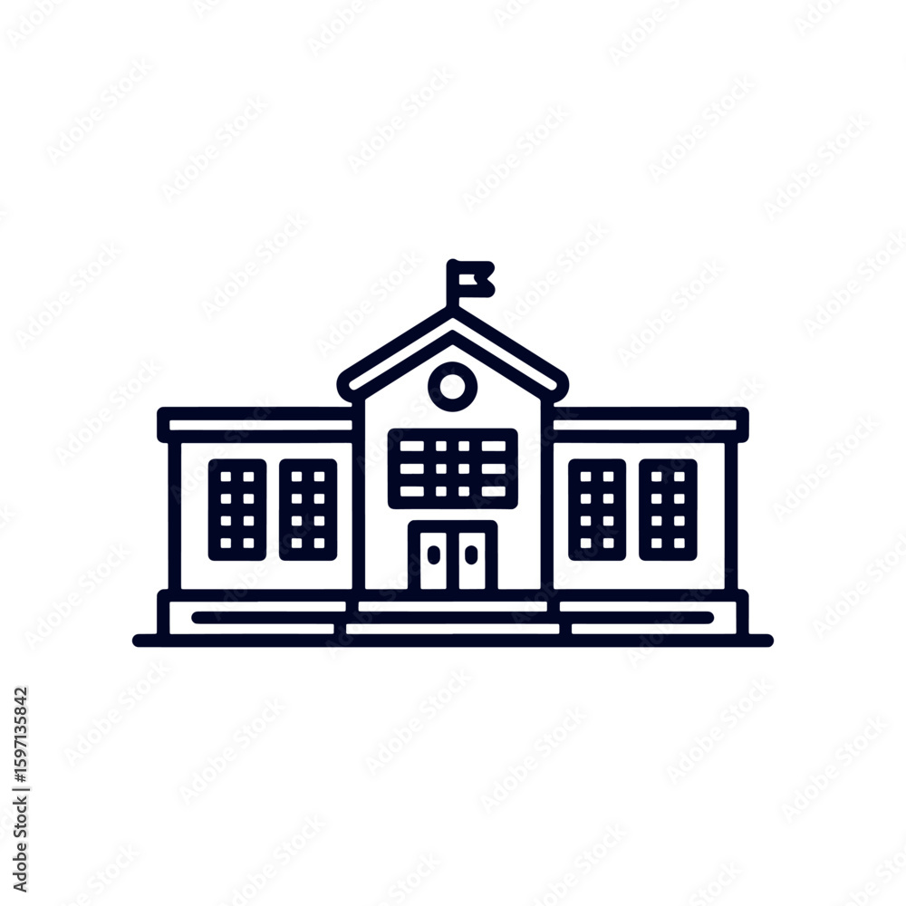 Poster symmetrical school building illustration with a flag and windows depicted with a clean and simple li