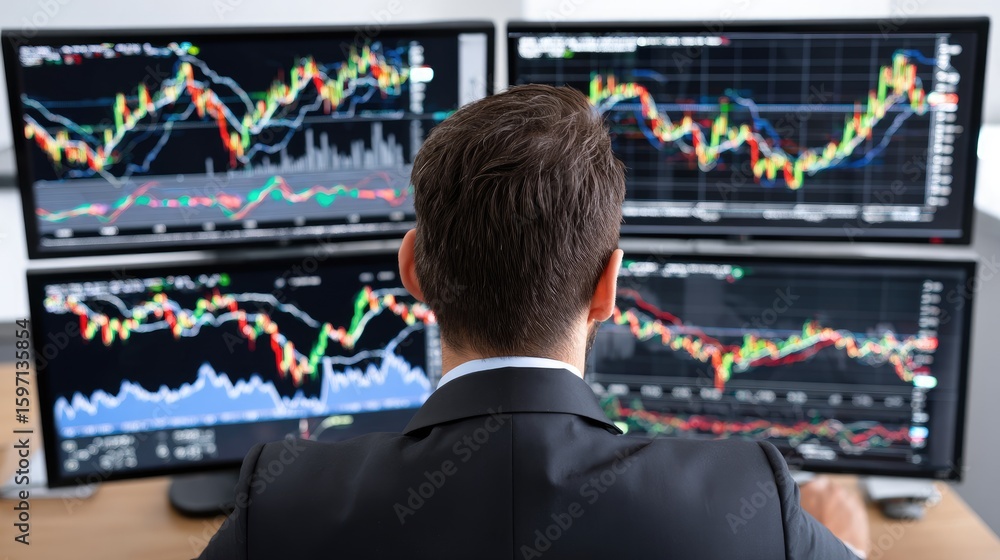 Poster stock market analysis: a dedicated analyst scrutinizes intricate stock charts displayed across multi
