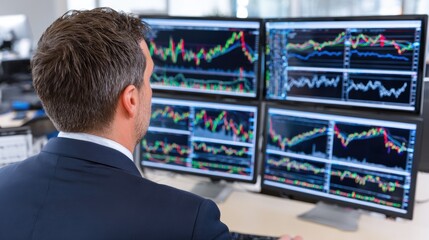 Market Analyst: A focused analyst intently monitors market trends, visualized by a mosaic of dynamic graphs. The image presents a real-time assessment of financial fluctuations.