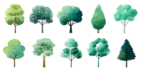 Pixelated Trees Collection Green and Teal Trees with Various Shapes on a Transparent Background Isolated for Digital Art Retro Designs and Game Assets, PNG