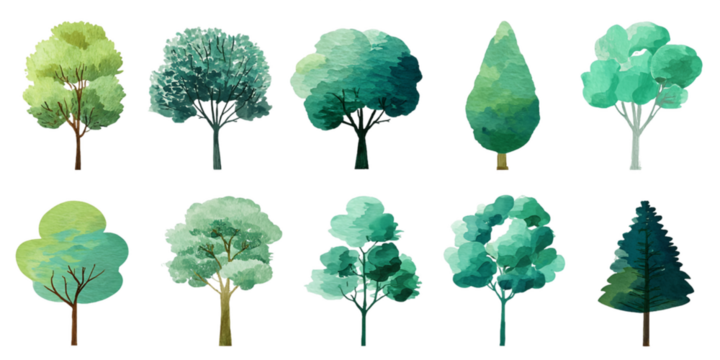 Pixelated Trees Collection Green and Teal Trees with Various Shapes on a Transparent Background Isolated for Digital Art Retro Designs and Game Assets, PNG