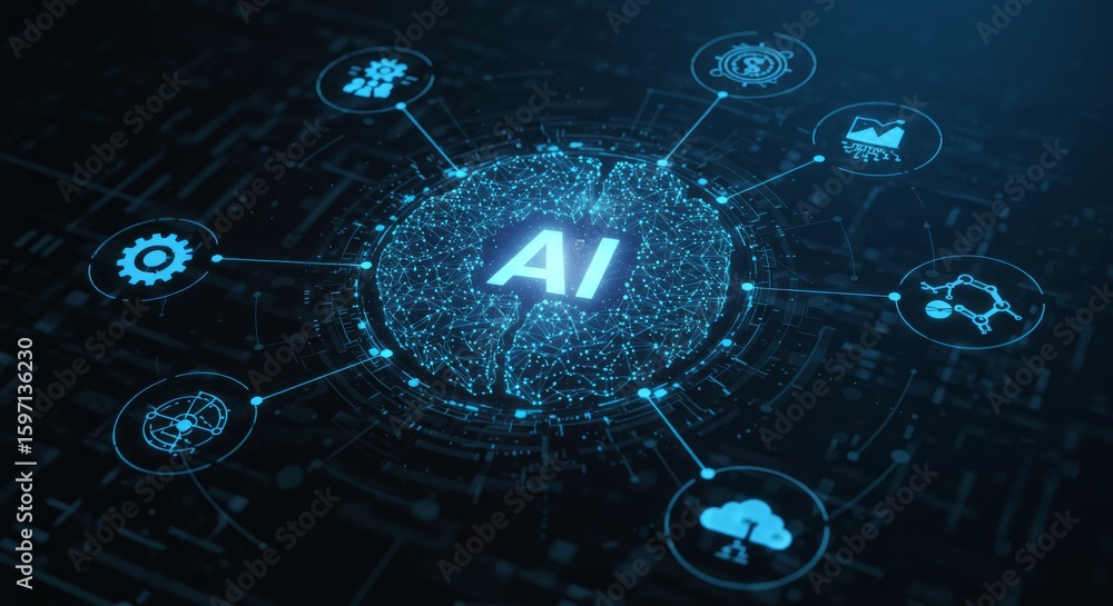 Poster a digital graphic depicting a central ai core connected to several technology icons via glowing line