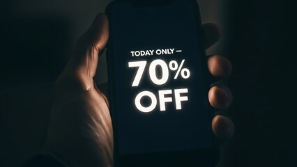 A hand holds a smartphone displaying a bold “70% OFF” flash sale, capturing the urgency and appeal of a limited-time online shopping deal.