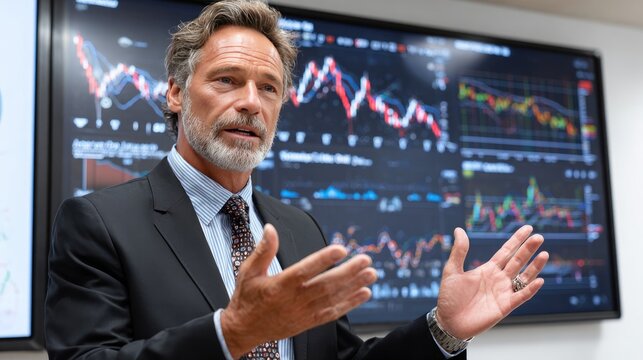Financial Analysis Discussion: A seasoned professional delves into intricate financial charts, sharing his profound insights in a dynamic presentation setting.