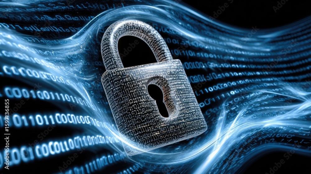 Poster cyber fortress: an enigmatic padlock, a symbol of data security and protection, is interwoven with a