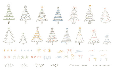 手描きのクリスマスツリーと装飾用素材のセット。ペンで描いた落書きスタイルの線画イラスト。