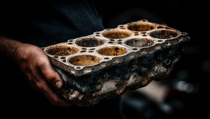 Rusty engine block held by dark hands