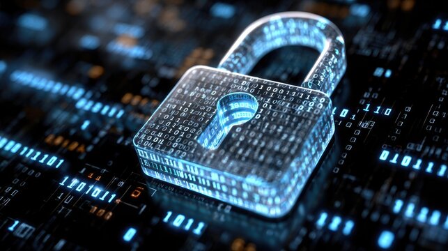 Cybersecurity Shield: A luminous padlock, intricately crafted from digital binary code, rests atop a complex, dark data landscape, embodying security and protection in the digital sphere. 