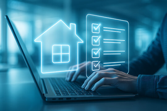 Property listing verification and digital housing checklist process on laptop with online real estate inspection form for secure home automation and review management