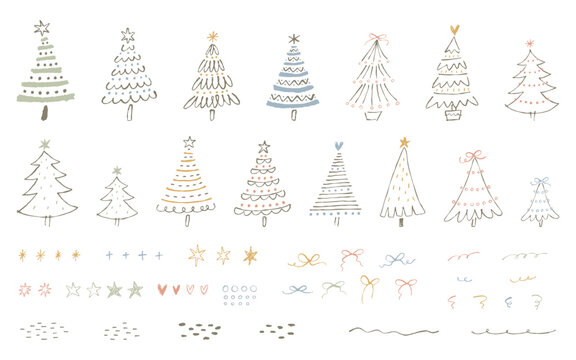 手描きのクリスマスツリーと装飾用素材のセット。ペンで描いた落書きスタイルの線画イラスト。