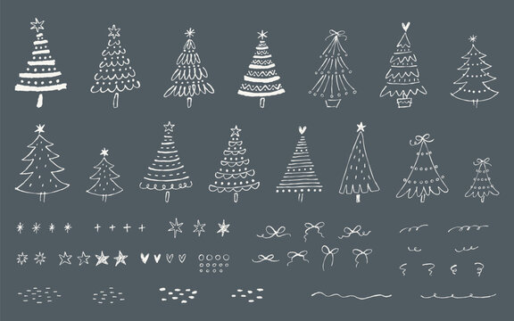 手描きのクリスマスツリーと装飾用素材のセット。暗い背景に落書きスタイルの白の線画イラスト。