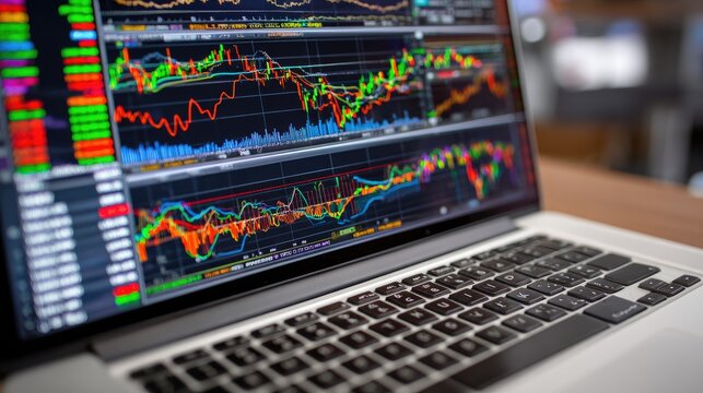 Stock Market Data: Detailed display of real-time financial data on a laptop screen, showcasing dynamic market trends and fluctuations with intricate lines, gradients, and numerical figures.