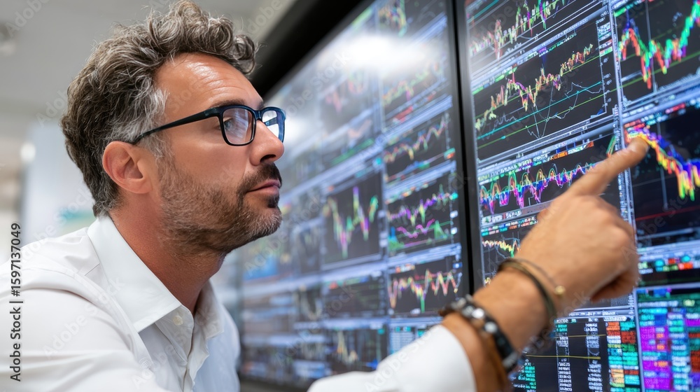 Poster market analysis expert: an astute analyst, engrossed in a dynamic data visualization of stock market