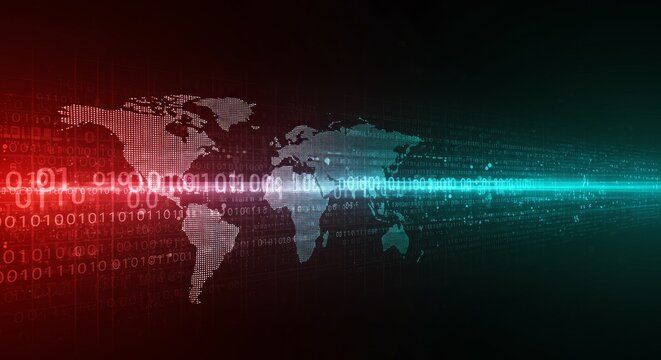 A digital world map bathed in red and blue light, with binary code and lines suggesting data flow, against a dark background