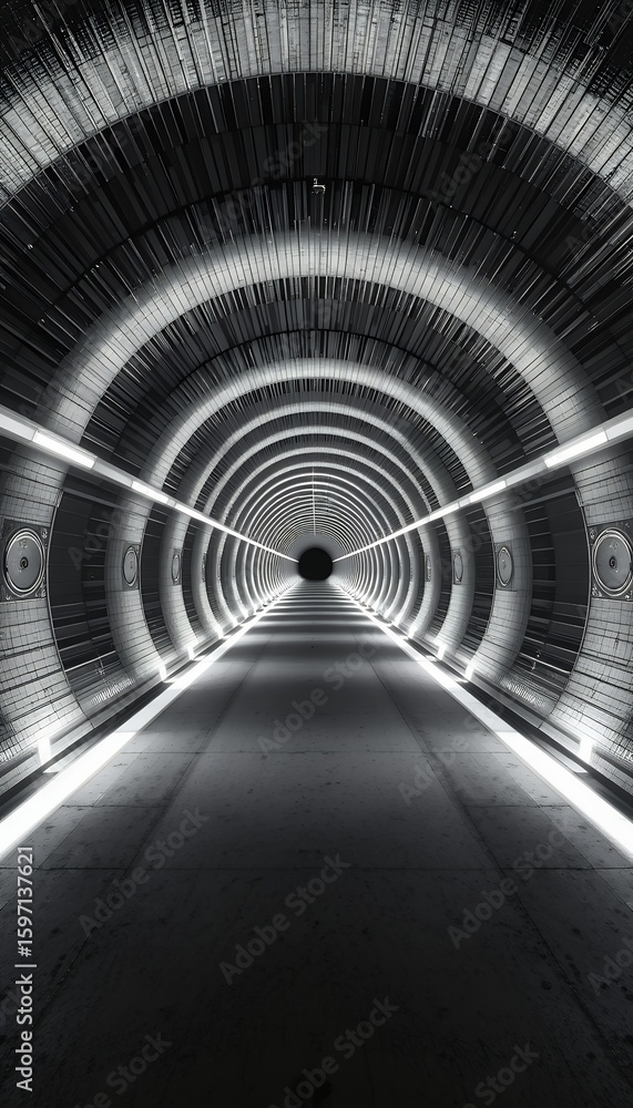 Poster futuristic circular tunnel corridor with illuminated lines and endless perspective in black and
