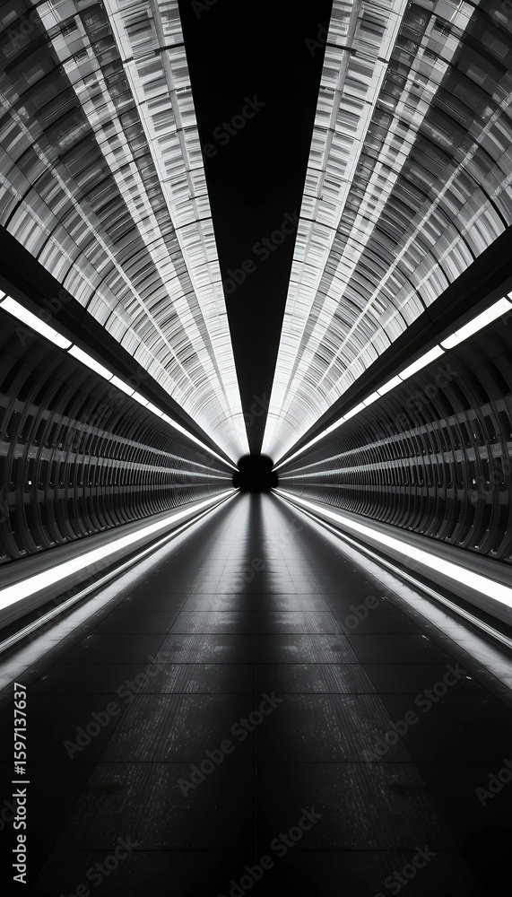 Poster black and white futuristic tunnel perspective with illuminated floor and ceiling lines creating