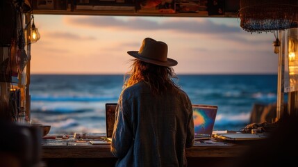 A person working on laptops by the beach at sunset.