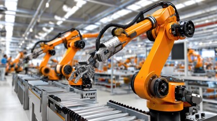 Fototapeta premium Robotic Arms in Industrial Setting: A modern industrial setting showcases a series of advanced robotic arms engaged in automated tasks, highlighting innovation and efficiency. 