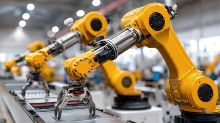 Robotics in Action: A dynamic image features a row of advanced industrial robots, with their mechanical arms actively engaged in automated tasks on a production line, highlighting technology.