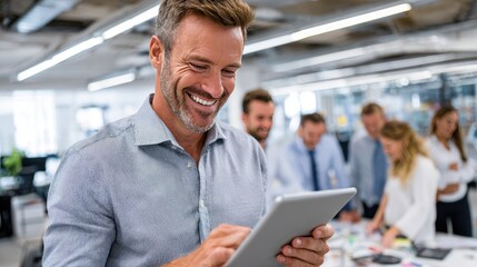 Professional’s Technological Grace: A confident professional, bathed in the soft glow of his company's workspace, finds focus in digital solutions while colleagues collaborate in the distance. 