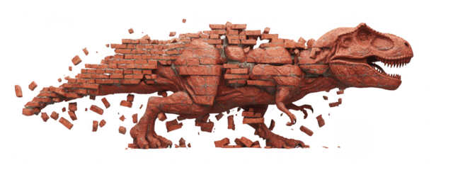 Dinosaur formed from shattered brick wall
