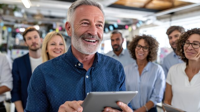 Leadership and Vision: A smiling leader, radiating confidence, addresses a diverse group, likely inspiring them with innovative ideas in a vibrant, modern workspace, embodying mentorship.