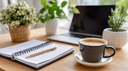 Workplace Serenity: A harmonious workspace, bathed in natural light, showcases a laptop, a steaming cup of coffee, a notepad, and lush potted plants.
