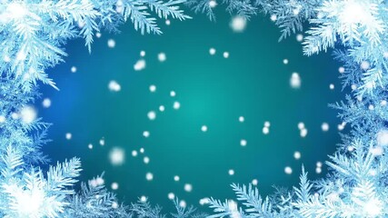 Icy frame featuring frost patterns bordering a teal gradient background with softly blurred white spots suggesting snowfall - Powered by Adobe