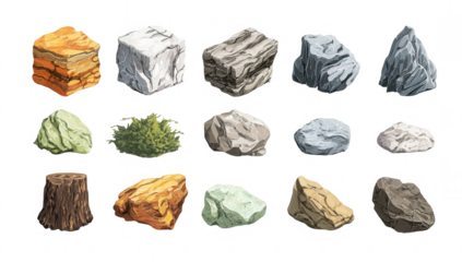 Pixel art collection of various rocks and stones