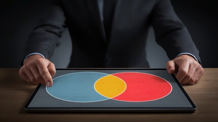 Businessman analyzing Venn diagram on digital tablet with colored circles.