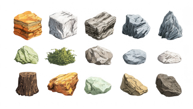 Pixel art collection of various rocks and stones