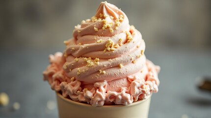 A delicious ice cream cone with pink soft-serve topped with sprinkles and nuts, close-up shot in a casual setting