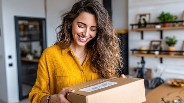 Excited Receiving a Package: A young woman's eyes light up as she holds a cardboard box, radiating joy and excitement in a well-lit room, representing the joy of online shopping or a thoughtful gift.