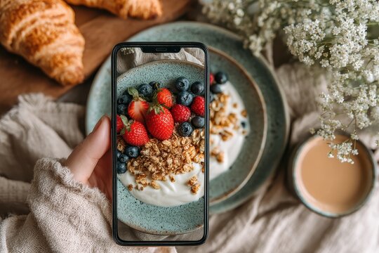 A hand holding a phone displaying yogurt and berries on a table.