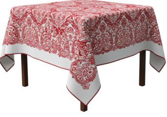 Elegant red and white damask pattern tablecloth on a square table isolated on transparent background