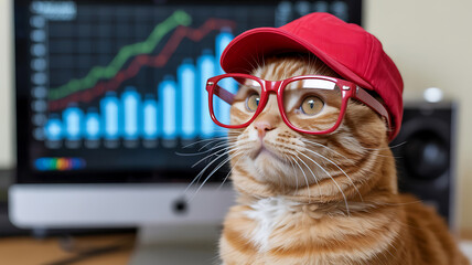 Orange tabby cat wearing red glasses and cap ginger