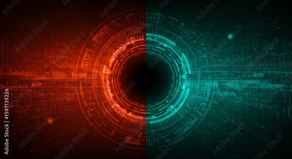 Poster a futuristic digital abstract image split down the middle with red and blue colors, creating a techn