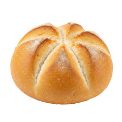 Freshly baked round bread roll with golden crust, isolated on white background, perfect for culinary use