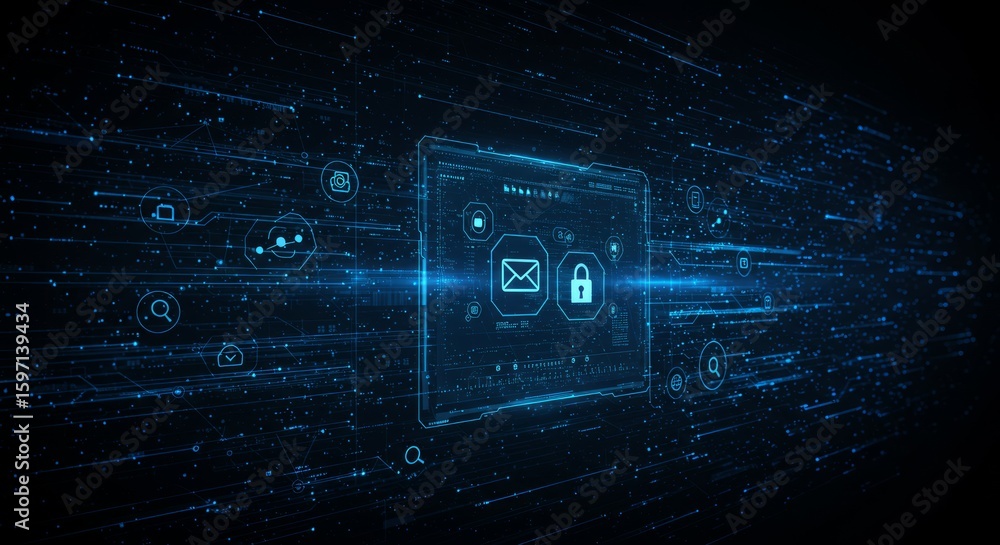 Poster a futuristic, glowing digital interface with an email icon and a lock icon, surrounded by data strea