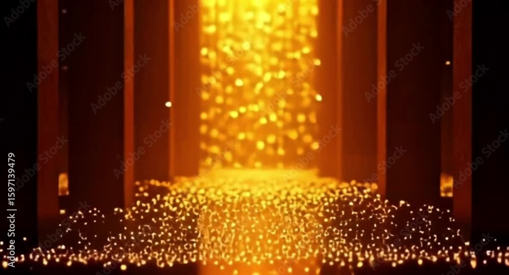 Poster abstract tunnel of golden particles flowing towards light at the end way