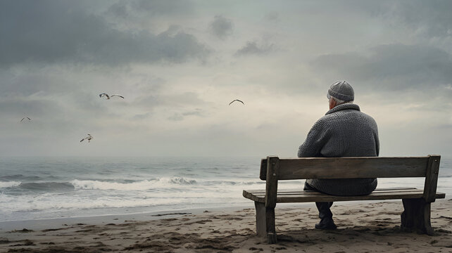 An elderly man sits on a weathered wooden bench overlooking a quiet