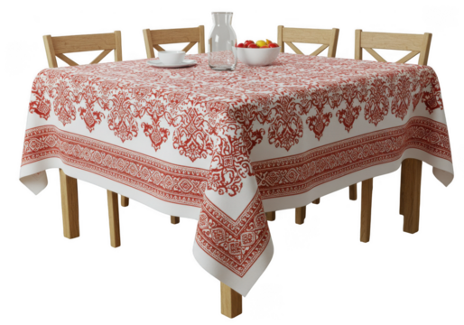 Rustic wooden chairs and a table with a red patterned tablecloth isolated on transparent background