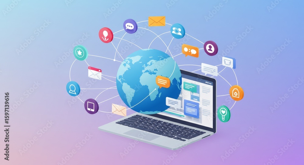 Poster a globe surrounded by connected icons and a laptop, illustrating global communication and digital in