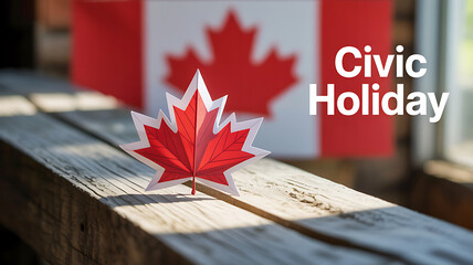 Red paper maple leaf on wooden surface with Canadian flag