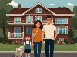 Happy family poses in front of their charming suburban home with a dog