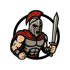 Spartan wearing helmet and red armor holding sword with enthusiasm towards the battlefield
