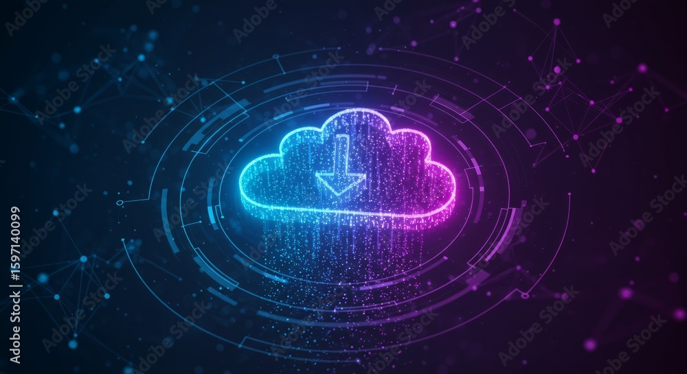 Aufkleber a glowing cloud icon with a downward arrow is surrounded by digital connections and concentric circl
