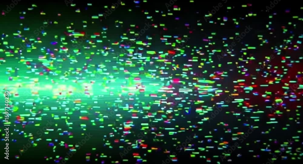 Poster digital disruption glitch effect with vibrant colors and static noise overlays