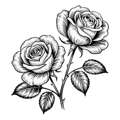 Drawing of roses, engraved style rose art, engraving roses black and white	