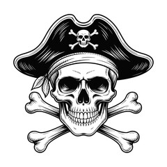 Fototapeta premium Drawing of skull with cowboy hat, engraved style skull art, engraving skull black and white 